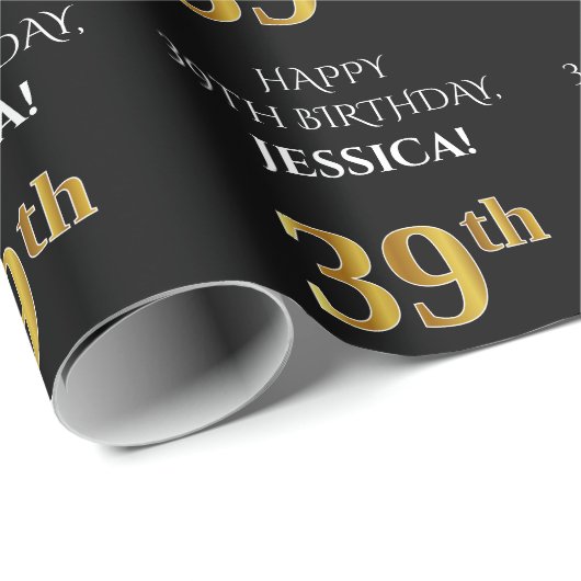 39e verjaardag: Elegant, zwart, Faux Gold look Cadeaupapier (Rol Hoek)