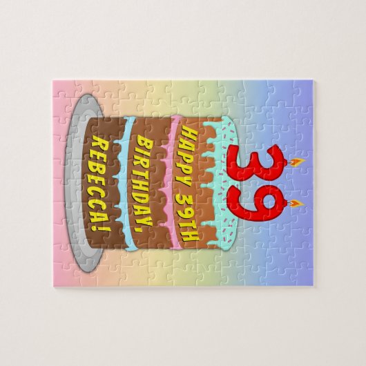 39e verjaardag: Fun Cake and Candles + Custom Name Legpuzzel (Horizontaal)