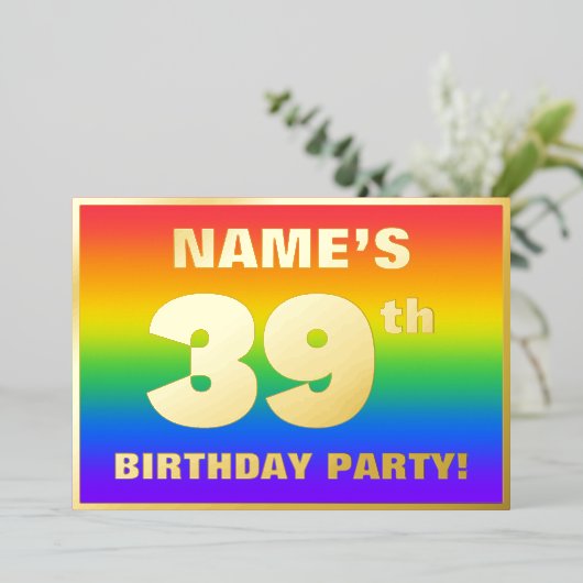 39e verjaardag: Fun, kleurrijk regenboogpatroon Folie Uitnodiging (Staand Voorkant)