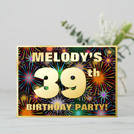 39e verjaardag — Fun, kleurrijke Fireworks look Folie Uitnodiging (Staand Voorkant)