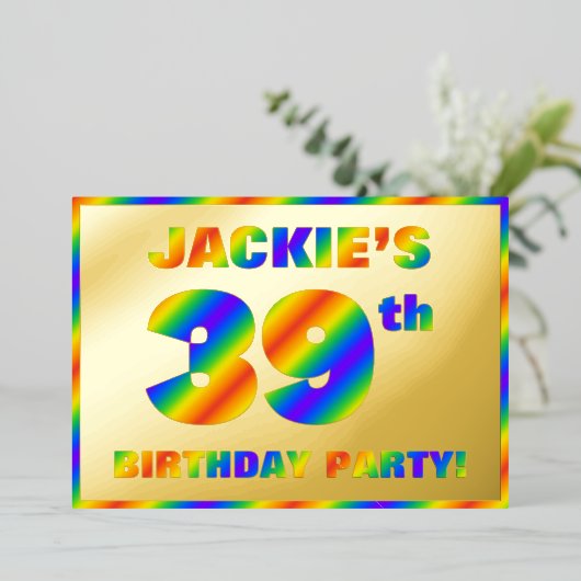 39e verjaardag - Fun, regenboogspectrum "39" Folie Uitnodiging (Staand Voorkant)