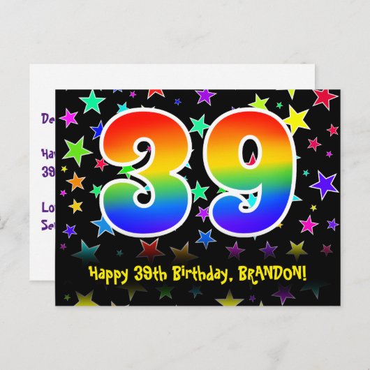 39e verjaardag: Fun Stars Pattern, Rainbow 39, Naa Briefkaart (Voorkant / Achterkant)