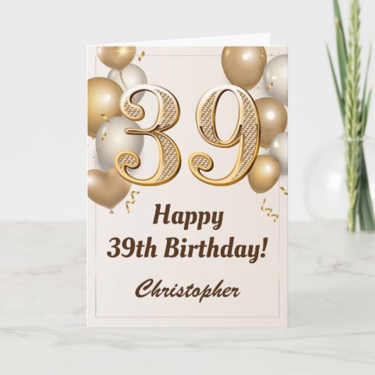 39e verjaardag goudballonnen en Confetti verjaarda Kaart (Voorkant)