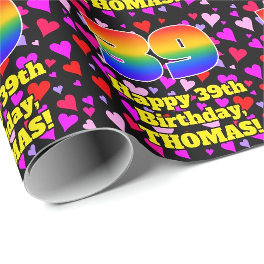 39e verjaardag: Heatpatroon liefhebbend, regenboog Cadeaupapier (Rol Hoek)