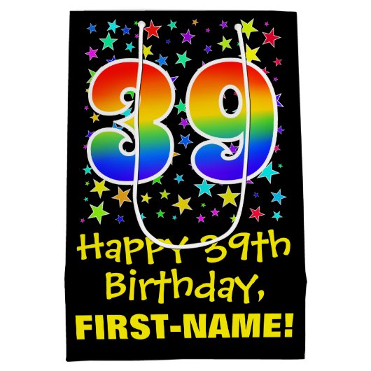 39e verjaardag: Kleurrijke Sterren Patroon & Regen Medium Cadeauzakje (Achterkant)