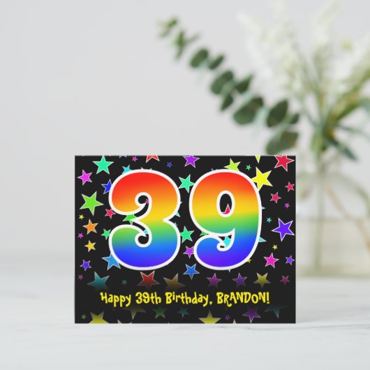39e verjaardag: leuk sterrenpatroon, regenboog 39, briefkaart (Staand voorkant)