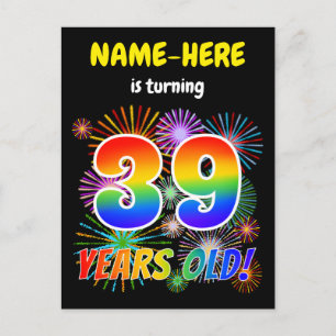 39e verjaardag - Leuk vuurwerk, regenbooglook "39" Briefkaart