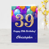 39e verjaardag marineblauw en goudkleurige ballonn kaart (Gele Bloem)