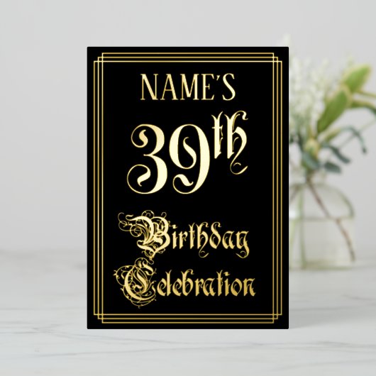 39e verjaardag Partij — Fancy script & aangepaste  Folie Uitnodiging (Staand Voorkant)