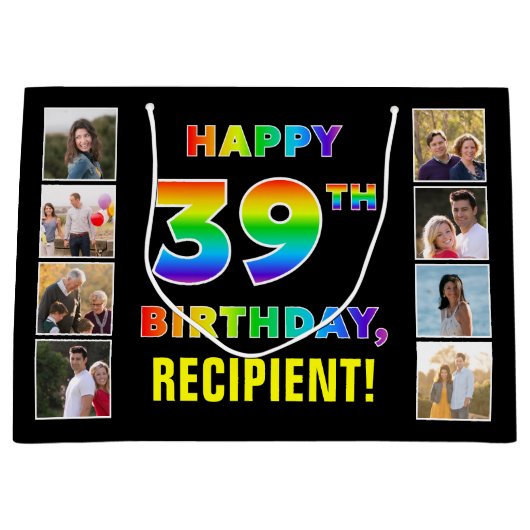 39e verjaardag: Regenboogtekst, aangepaste foto's Groot Cadeauzakje (Voorkant)