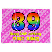 39e verjaardag: Roze strips & harten, regenboognr. Groot Cadeauzakje (Voorkant)