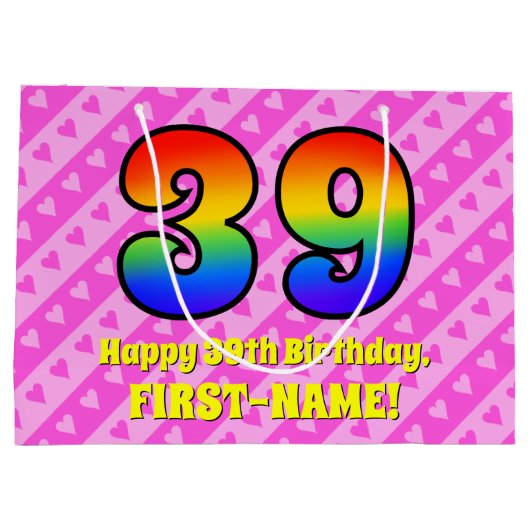 39e verjaardag: Roze strips & harten, regenboognr. Groot Cadeauzakje (Achterkant)