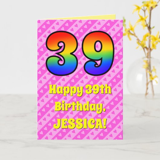 39e verjaardag: Roze strips & harten, regenboognr. Kaart (Gele Bloem)