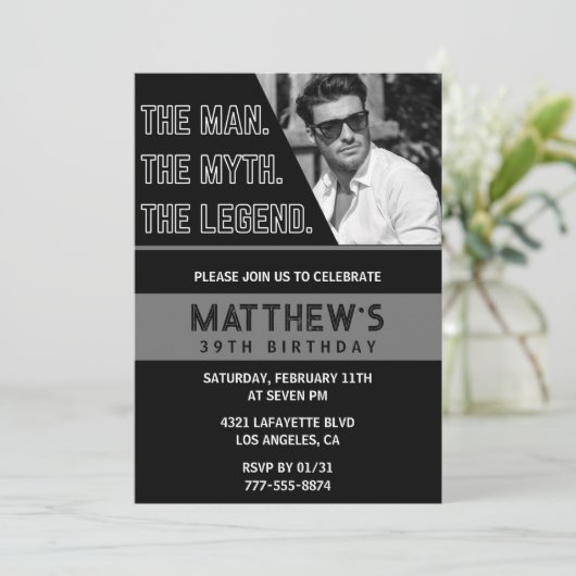 39e verjaardag uitnodiging Black The Man The Legen (Staand voorkant)