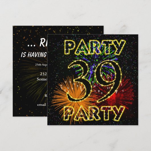 39e verjaardag uitnodiging met vuurwerk (Voorkant / Achterkant)