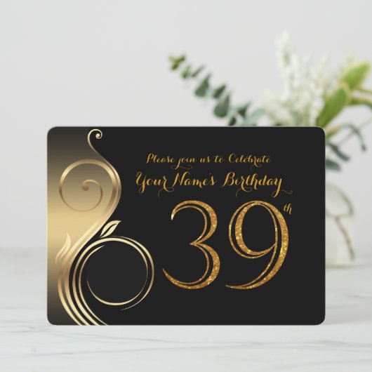 39e verjaardag uitnodiging, nummer glitter goud, f kaart (Staand voorkant)