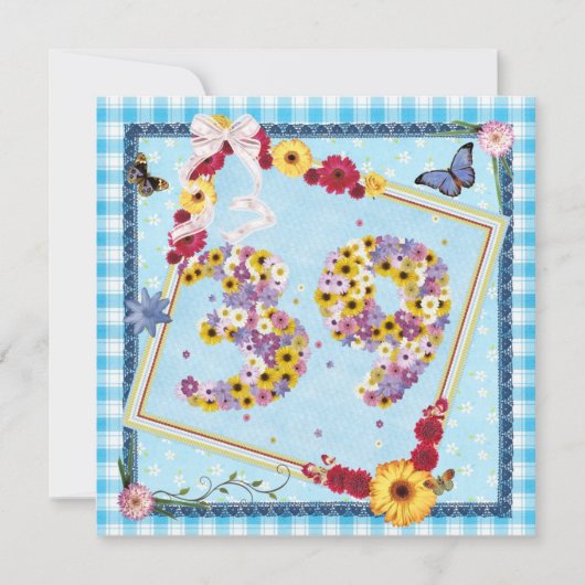 39e verjaardag Uitnodigingsbloemen, vlinders Kaart (Voorkant)