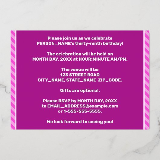 39e verjaardag - Vet, vuurtje, roze band # 39 Folie Uitnodiging (Achterkant)