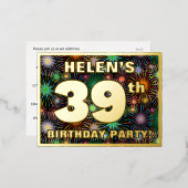 39e verjaardag: Vette, kleurrijke Fireworks-look Folie Uitnodiging Briefkaart (Voorkant / Achterkant)