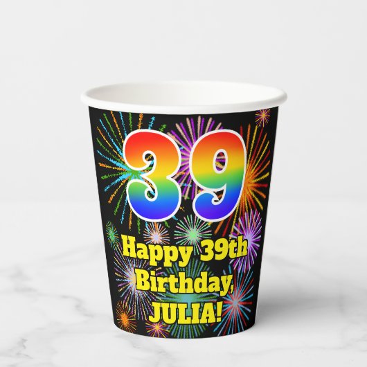 39e verjaardag: Vuurwerk Fun Pattern + Regenboog 3 Papieren Bekers (Achterkant)
