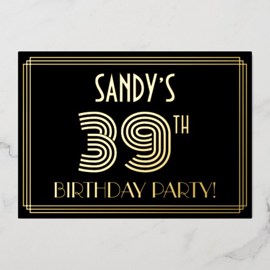 39e Verjaardagsfeest — Art Deco Stijl “39” + Naam Folie Uitnodiging (Voorkant)