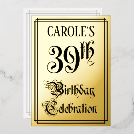 39e verjaardagsfeest — Elegant script + aangepaste Folie Uitnodiging (Voorkant / Achterkant)