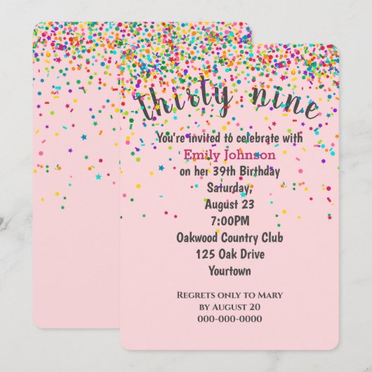 39e verjaardagsfeestje Confetti op roze Kaart (Voorkant / Achterkant)