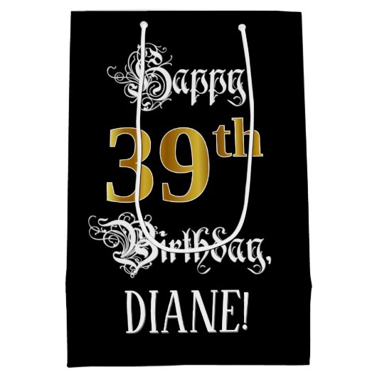 39th Birthday ~ Fancy Script; Faux Gold Look; Name Medium Cadeauzakje (Achterkant)