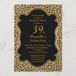 39th, Birthday Party 39th, Cheetah, Black & Gold Kaart