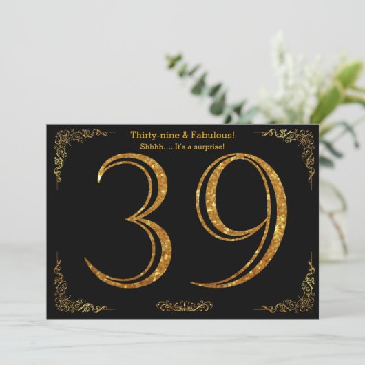 39th Birthday party, Gatsby styl, zwarte goudglitt Kaart (Staand voorkant)