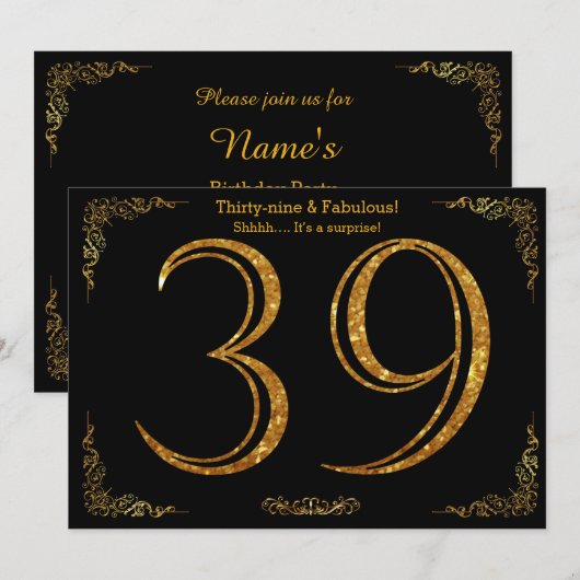 39th Birthday party, Gatsby styl, zwarte goudglitt Kaart (Voorkant / Achterkant)