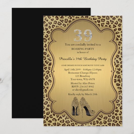 39th, Verjaardagsfeest 39th, Cheetah High Heels Sc Kaart (Voorkant / Achterkant)