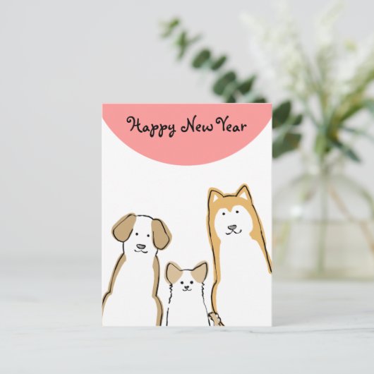 3 匹の犬 年 賀状(縦 ピ ン ク 丸) FEESTDAGENKAART (Staand voorkant)