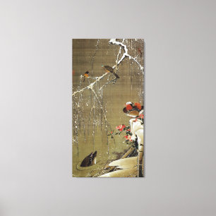 3. 雪 鴛 図, 若 冲 Mandarin Duck in The Snow, Jakuchüu Canvas Afdruk