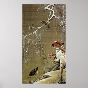 3. 雪 鴛 図, 若 冲 Mandarin Duck in The Snow, Jakuchüu Poster