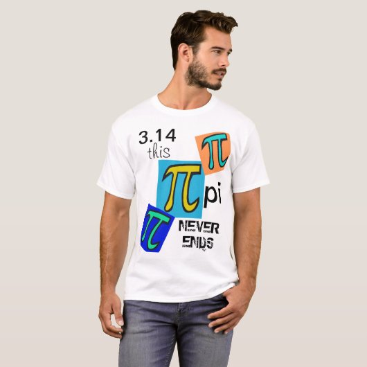 3.14 pi eindigt nooit blauw geel groene symbolen t-shirt (Voorkant volledig)