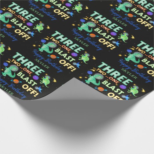 3 2 1 Blast Off Dinosaur Ruimte 3e Verjaardagsfees Cadeaupapier (Hoek)
