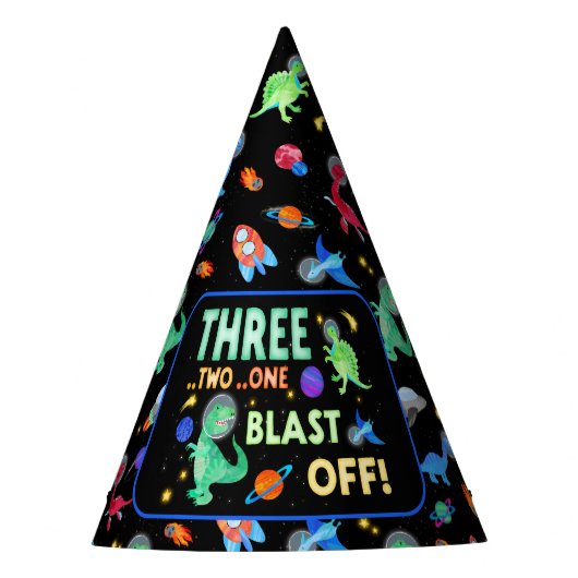3 2 1 Blast Off Dinosaur Ruimte 3e Verjaardagsfees Feesthoedjes (Voorkant)