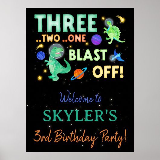 3 2 1 Blast Off Dinosaur Ruimte Verjaardag Welkom Poster (Voorkant)