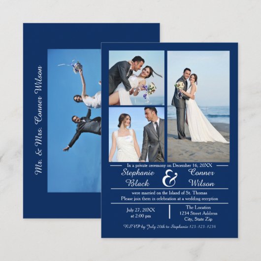 3/4 Foto's Verticaal Blauw- 3x5 Huwelijksaankondig Kaart (Voorkant / Achterkant)