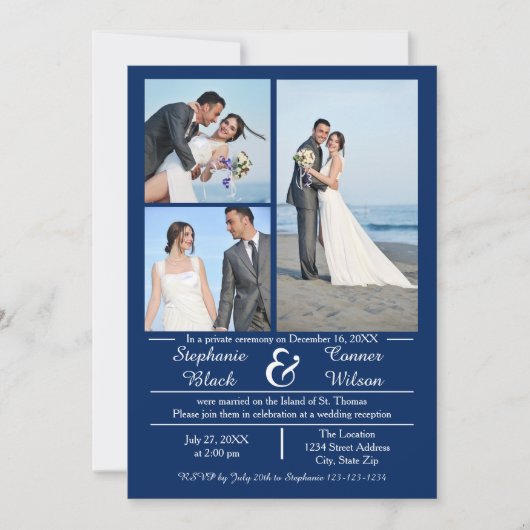 3/4 Foto's Verticaal Blauw- Huwelijksaankondiging Kaart (Voorkant)