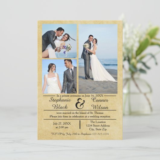 3/4 Foto's Verticale Oude Papier-Trouwaankondiging Kaart (Staand voorkant)