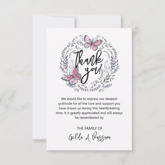 3,5 x5 Butterfly Floral Funeral Hartelijk dank Bedankkaart (Voorkant)