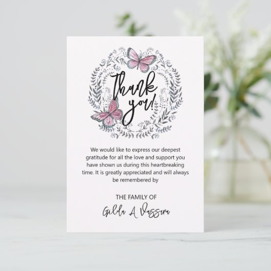 3,5 x5 Butterfly Floral Funeral Hartelijk dank Bedankkaart (Staand voorkant)
