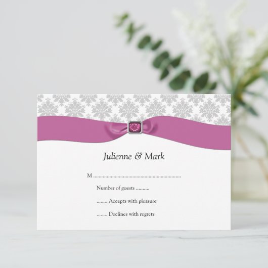 3,5 x5 grijs wit Damask roze juweel RSVP (Staand voorkant)