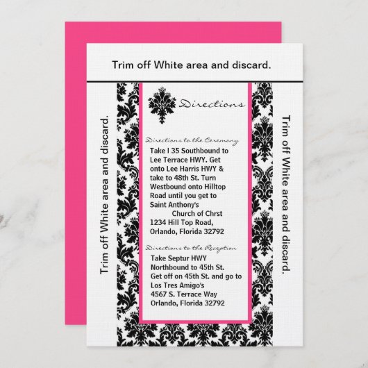 3,5 x6 Direction Card Black Pink Damask Kaart (Voorkant / Achterkant)