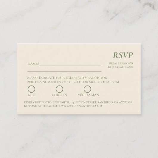 3.5 x 2 RSVP Wedding Enclosure Kaart - Sage Green (Achterkant)