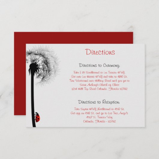 3.5 x 5 Directiekaartjuffrouw Bug op Dandelion Red Informatiekaartje (Voorkant / Achterkant)