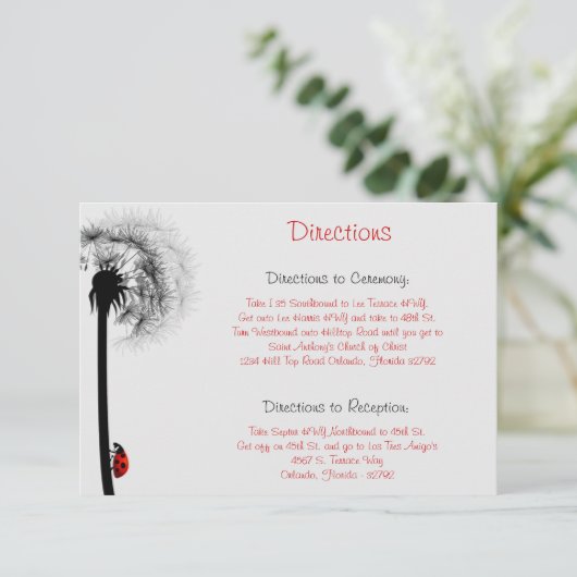 3.5 x 5 Directiekaartjuffrouw Bug op Dandelion Red Informatiekaartje (Staand voorkant)