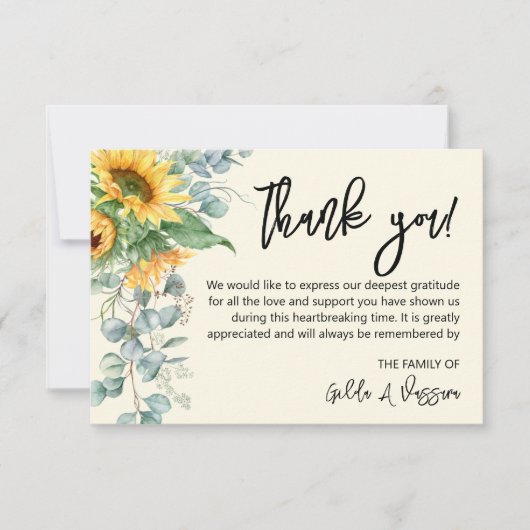 3,5 x 5 zonnebloem Funeral Hartelijk dank Bedankkaart (Voorkant)